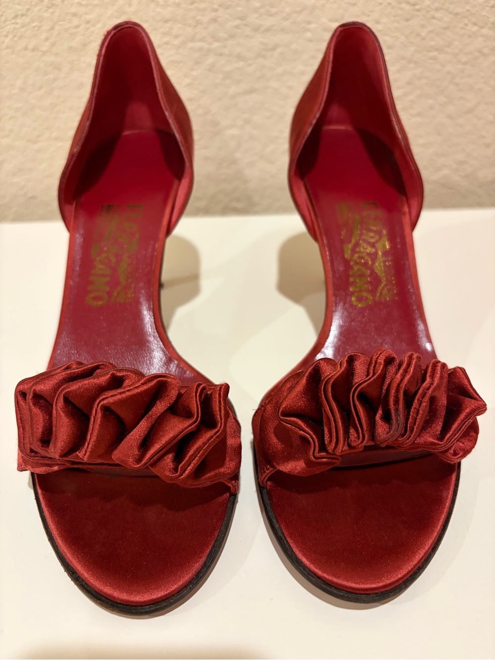 Salvatore Ferragamo Red Satin D'Orsay Heels with Ruching